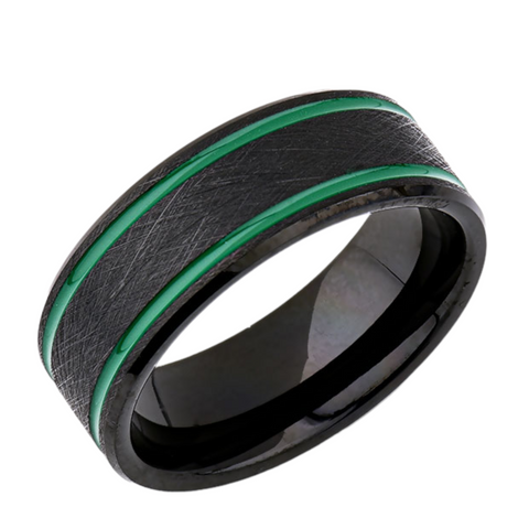 Green Mens Designer Ring - 8MM - Double Groove - Black Brushed Tungsten Ring - New Mens Ring