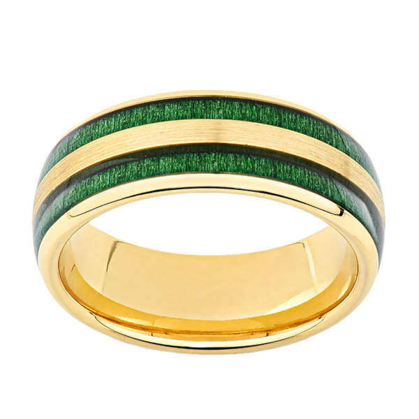 Yellow Gold Tungsten Ring - 8MM Green Jade Joa Wood Inlay - Unique Mens Ring