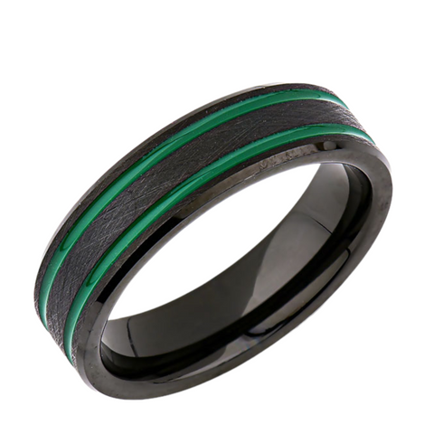 Green Mens Designer Ring - 6MM - Double Groove - Black Brushed Tungsten Ring - New Mens Ring