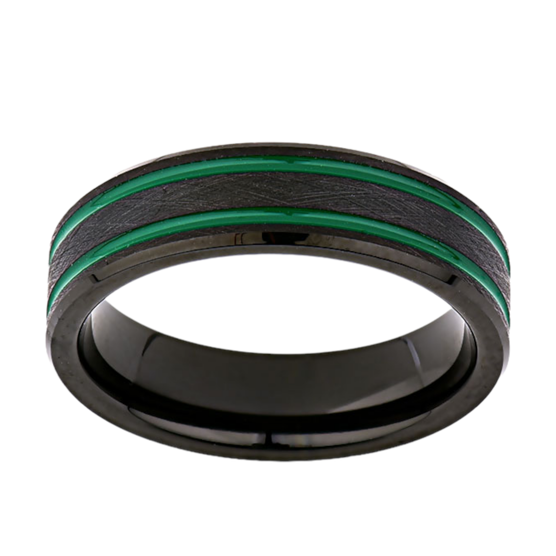 Green Mens Designer Ring - 6MM - Double Groove - Black Brushed Tungsten Ring - New Mens Ring - LUXURY BANDS LA