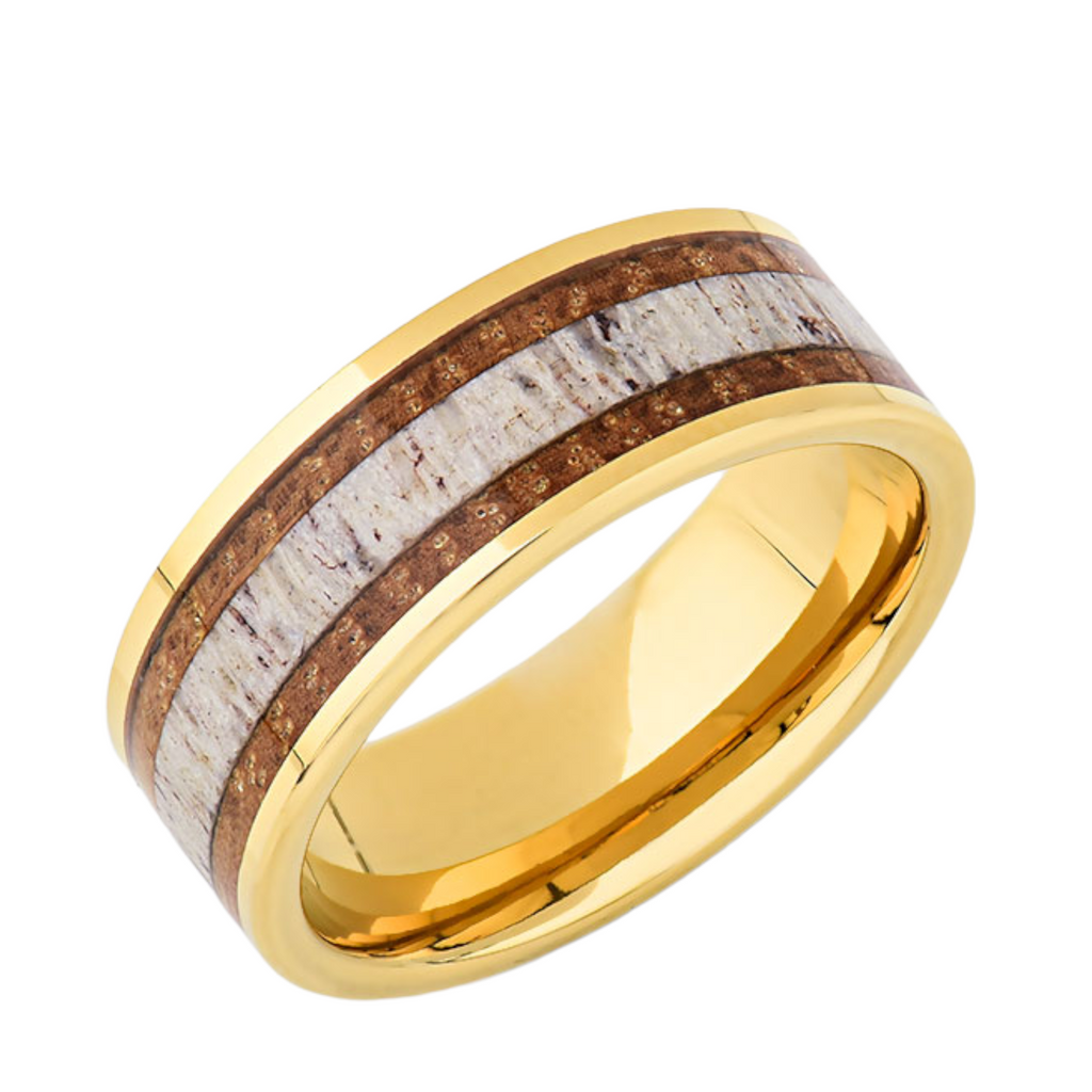 Yellow Gold Deer Antler Ring -  8MM Tungsten Ring - Koa Wood Mens Band- Unique Mens Ring