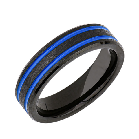 Blue Mens Designer Ring - 6MM - Double Groove - Black Brushed Tungsten Ring - New Mens Ring