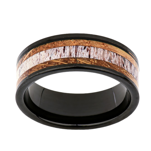 Mens Whiskey Barrel Inlay Tungsten Ring -Deer Antler Jewelry - 8MM - Unique Mens Ring