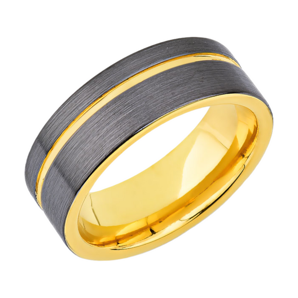 Yellow Gold Tungsten Wedding Band - Gunmetal Gray Brushed Ring - 8mm Ring - Unique Engagment Band