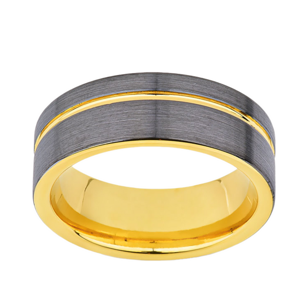 Yellow Gold Tungsten Wedding Band - Gunmetal Gray Brushed Ring - 8mm Ring - Unique Engagment Band