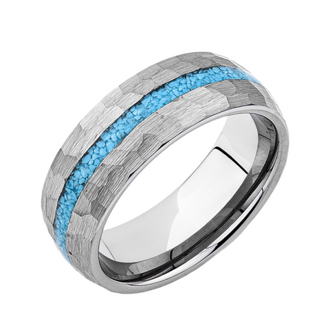 Mens Natural Turquoise Wedding Band - Gray Brushed Hammer Finish - Tungsten Engagement Ring - 8mm