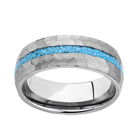 Mens Natural Turquoise Wedding Band - Gray Brushed Hammer Finish - Tungsten Engagement Ring - 8mm