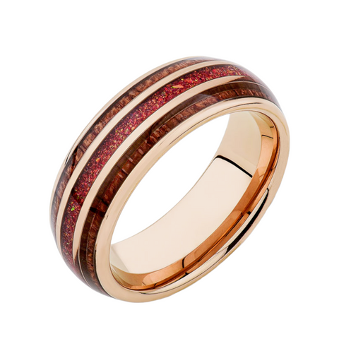 Red Opal Ring Mes Ring - Rose Gold Tungsten Koa Wood Band - Unique Mens Engagement ring