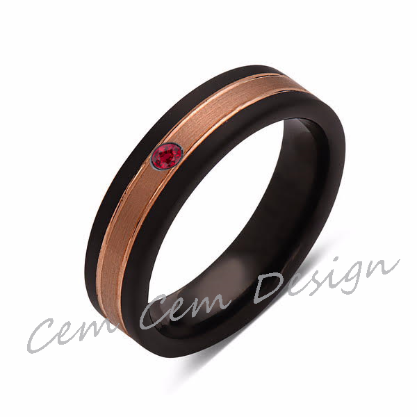 6mm,Unique,Red Ruby,Brushed Rose Gold, Black Brushed,Tungsten Ring,Mens Wedding Band,Comfort Fit - LUXURY BANDS LA